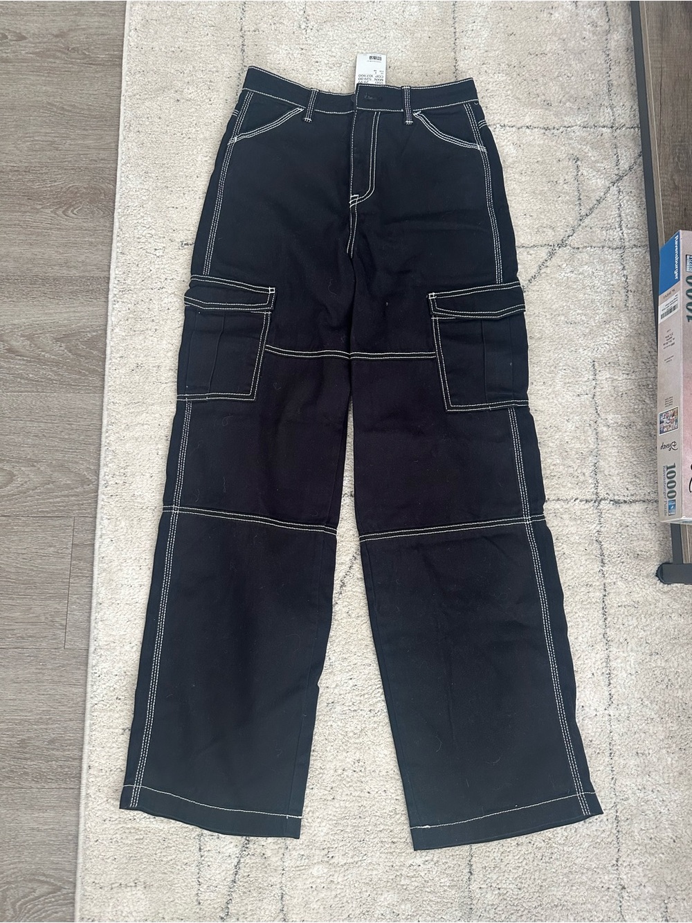 Divided Black Pants with White Contrast Stitching